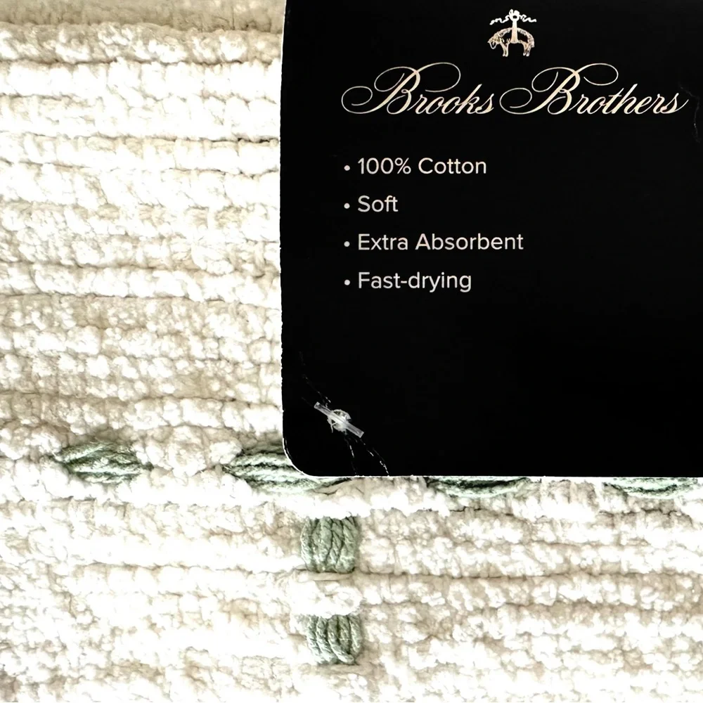 Brooks Brothers Bath Mat Lg Cotton Bath Rug Ivory W/ Green Embroidery Squares